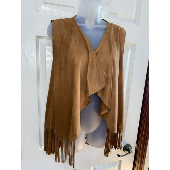 Tan Fringe Boho Vest With Embroidered Rose & Love & Peace Back Print OS - Picture 2 of 8